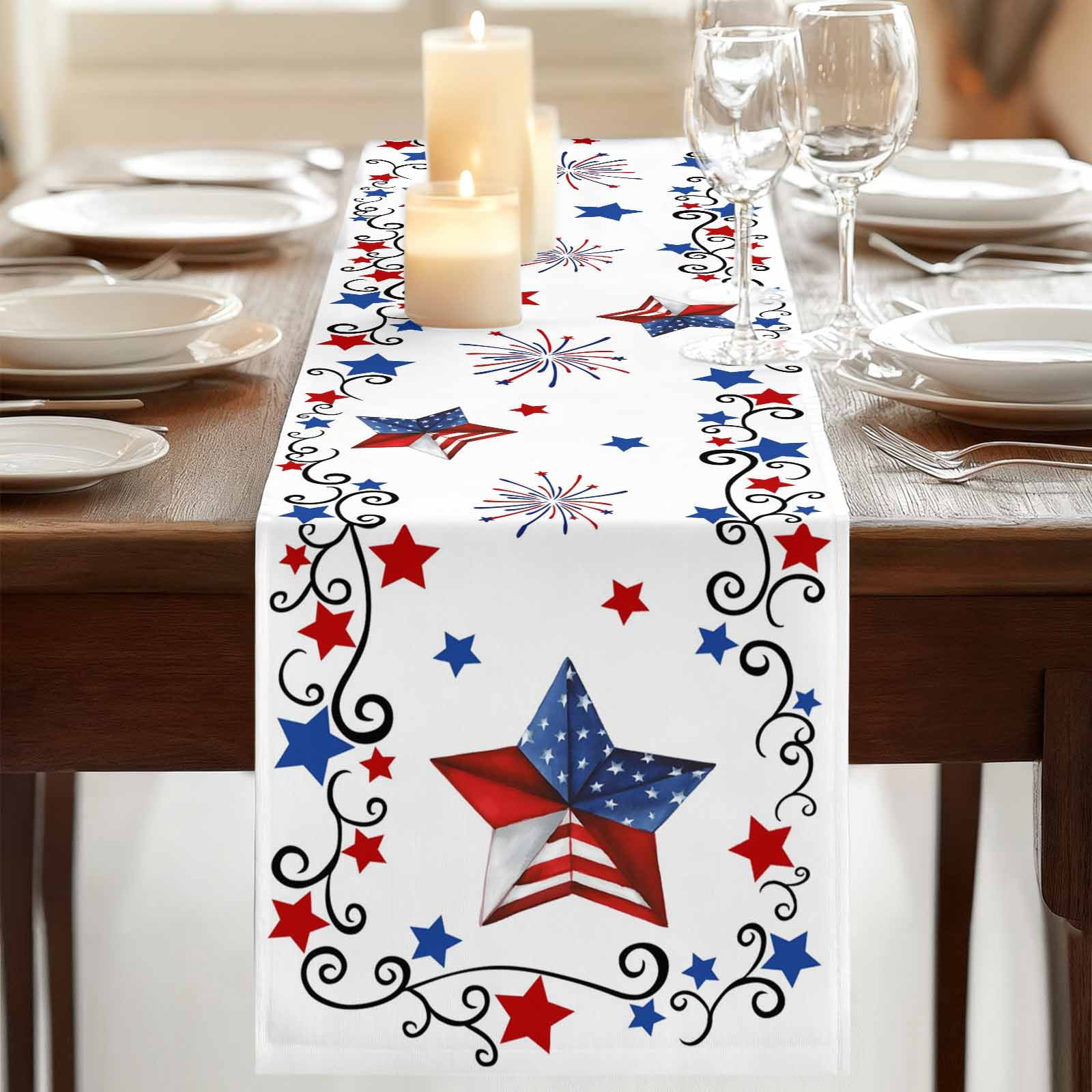 Table Runners 72 Inches Long Dress Scarves, Independence Day Farmhouse Kitchen Table Runner, Coffee Tablerunners, 4th of July Blue Red Star Fireworks 14x72 Inch