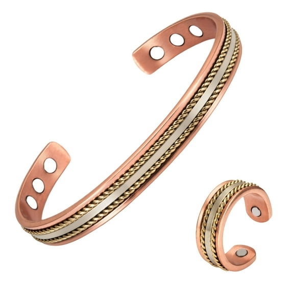 Vagzen Magnetic Copper Cuff Bracelet and Ring Set for Women, Braided Texture, Set of 2, Adjustable