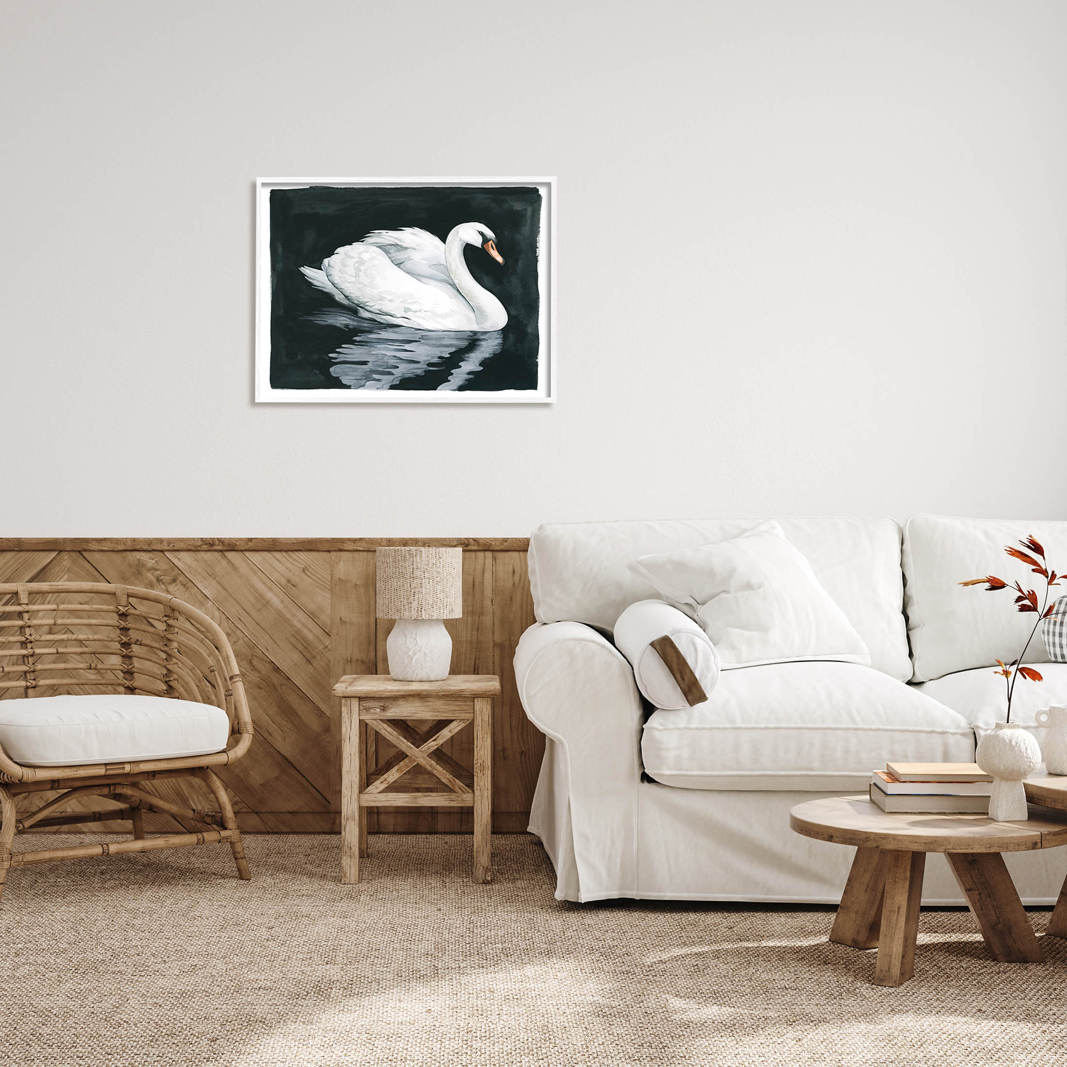 Elegant Swan Reflection Portrait Animals & Insects Graphic Art White Framed Art Print Wall Art