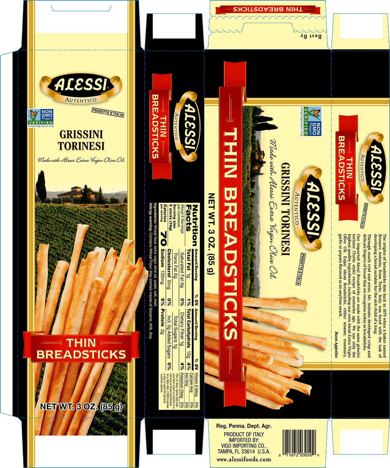 Alessi Thin Wheat Breadsticks, Ready to Eat, 3 oz Boxes