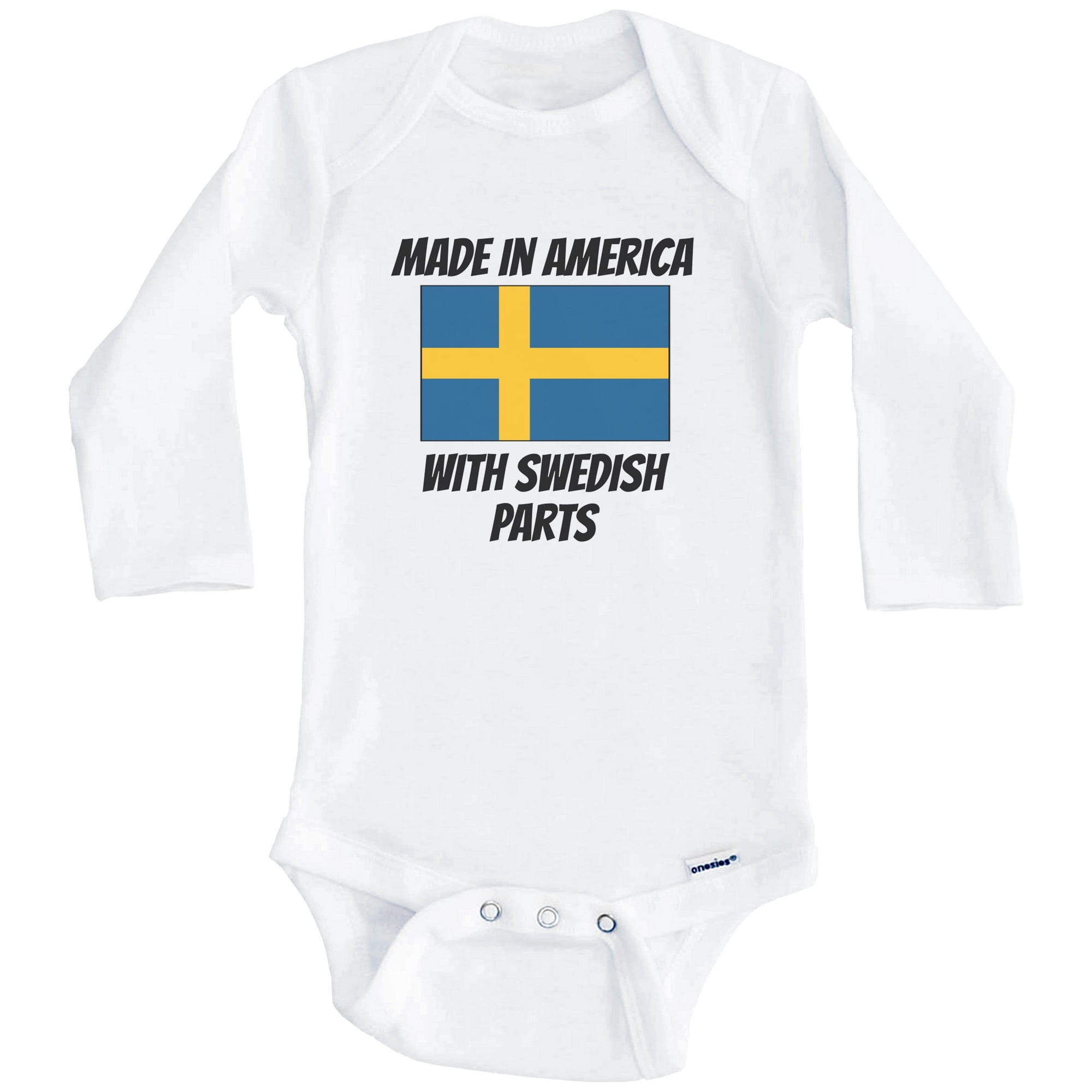 Made In America With Swedish Parts Sweden Flag Funny One Piece Baby Bodysuit (Long Sleeve), 6-9 Months White