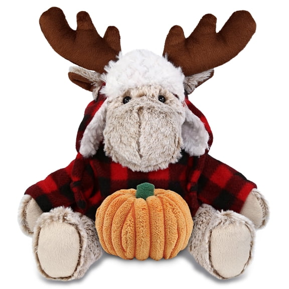 DolliBu Super Soft Red Plaid Outfit Moose Stuffed Animal with Pumpkin Decor - Pumpkin Plush Animal for Fall, Halloween and Thanksgiving, Pumpkin Toy for Baby, Kids, Adults - 9 Inches