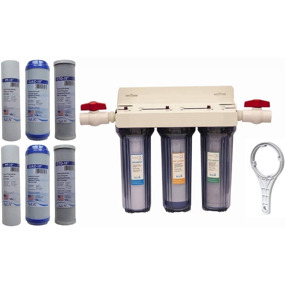 Triple Stage Whole House Water Filter, for 3/4" port with 2 valves and extra 1 year filter supply (2 sets, 6 pcs)