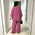 thumbnail image 4 of Womens Cotton Linen Sets 2 Piece Oversized V-neck Loose Top and Wide Leg Pants Sets Casual Vacation Outfits Hot Pink M, 4 of 6