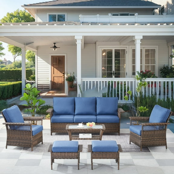 Gymojoy 6 Pieces Outdoor 7-Seat Patio Furniture Couch Set Wicker Rattan Outdoor Conversation Comfortable Sectional Sofa Set with Hight Back Deep Seat