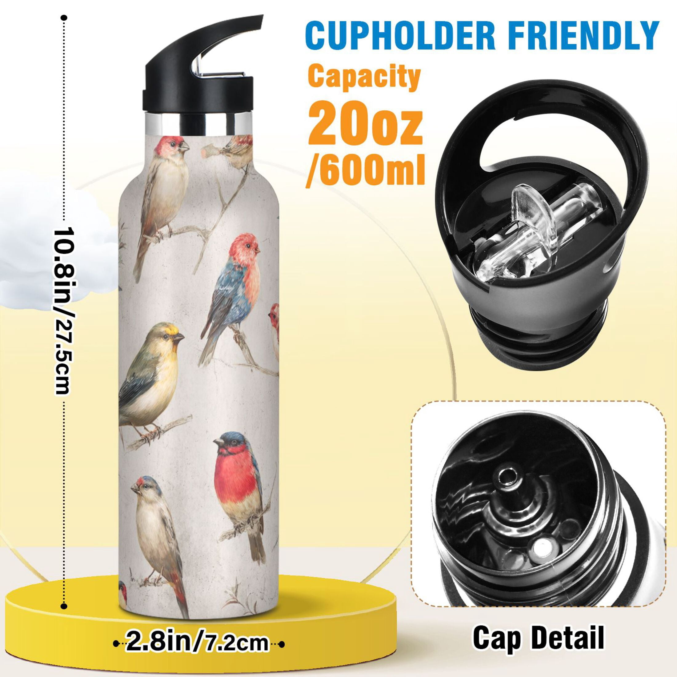 Kids Insulated Stainless Steel Sports Water Bottle 600ml (20oz) Birds Pattern