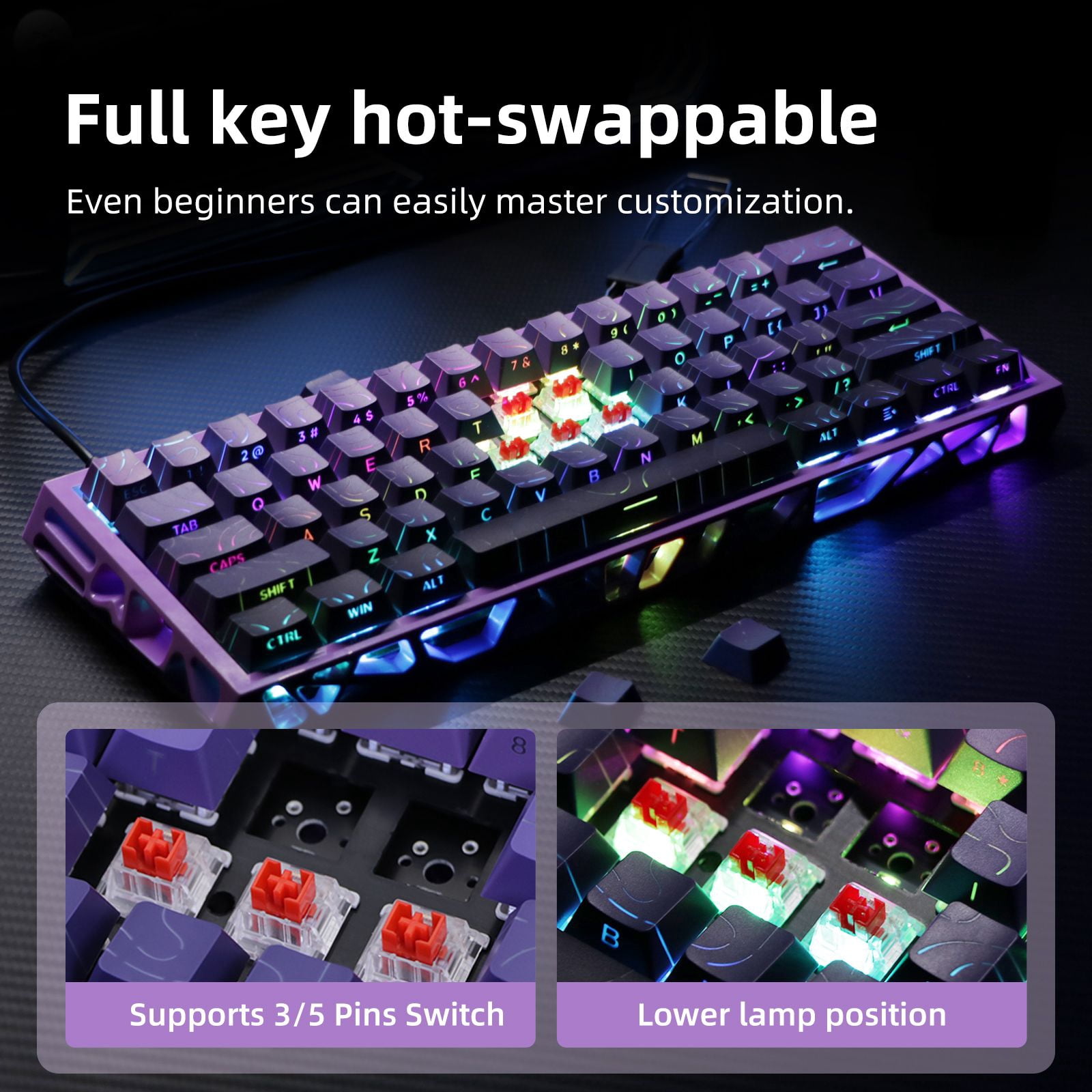 61 Keys Mechanical Keyboard, 60% Layout, Hollow Shell in 6 Colors, RGB Backlit, Full N-Key Rollover, Hot-Swappable Linear Red Switch, Backlit PBT Keycaps