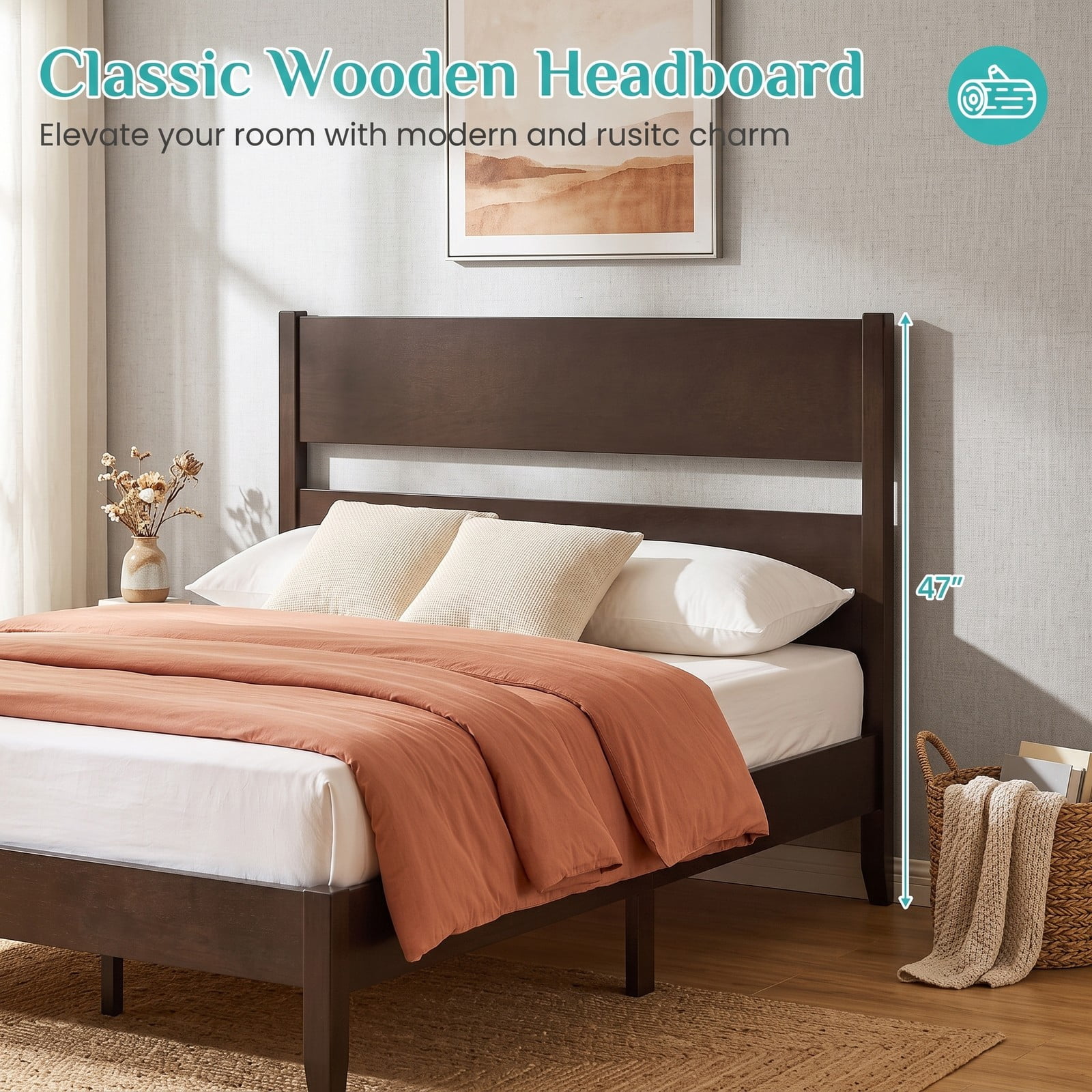 Furnibear Queen Bed Frame Wood Bed Frame with Open Slat Headboard, Queen Platform Bed Frame with Solid Wood Legs and 12 Slat Support, Dark Walnut