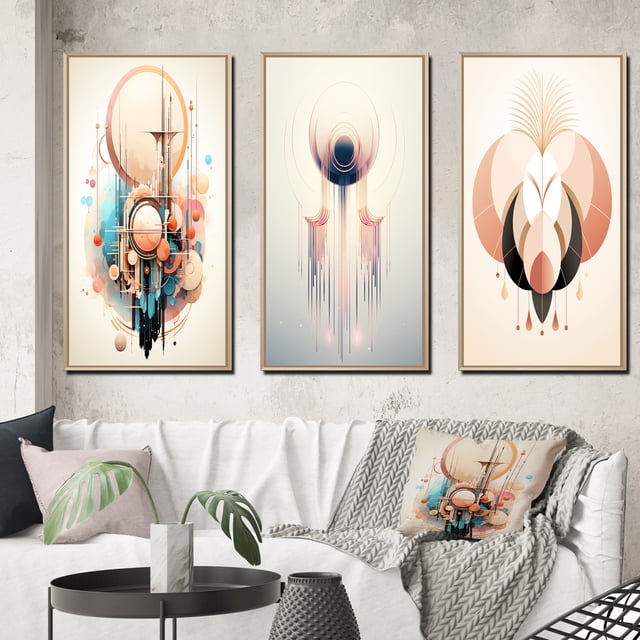 Designart "Boho Geometric Abstract Rebirth" Modern Geometric Framed Wall Art Set Of 3 - Pink Abstract Frame Gallery Wall Set For Home Decor