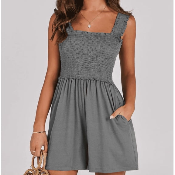 Women's Summer Casual Smocked Rompers Square Neck Sleeveless Loose Shorts Jumpsuit Beach Vacation Outfits