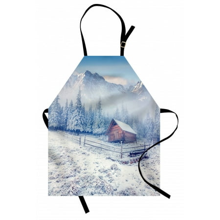 

Winter Apron Old Farmhouse in Snow Mountains and Frosted Forest Rustic Life Photography Unisex Kitchen Bib Apron with Adjustable Neck for Cooking Baking Gardening Caramel White Blue by Ambesonne