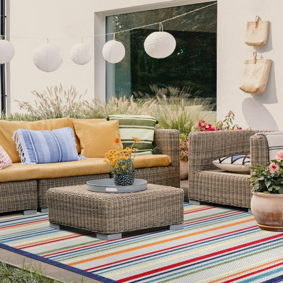 BNM Stripe Indoor Outdoor Area Rug, 7' 10" x 9' 10", Cream