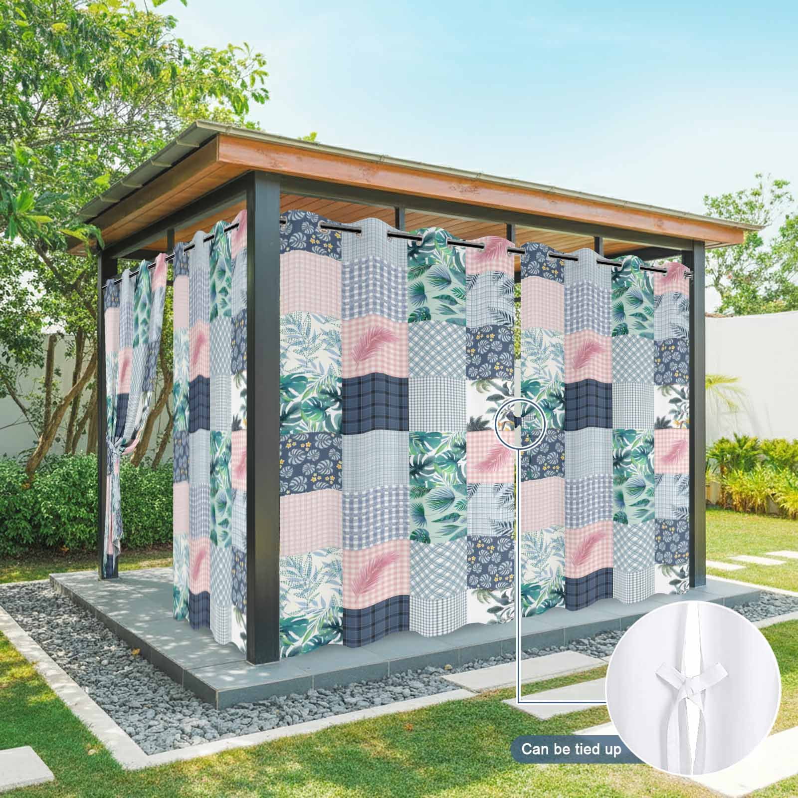 Botanical Patchwork Outdoor Curtains for Patio, Teal Tropical Leaf Grey Plaid Sunshade Privacy Drapes Grommet Waterproof Outside Curtains for Porch/Cabana/Balcony 54"x 95", 2 Panel