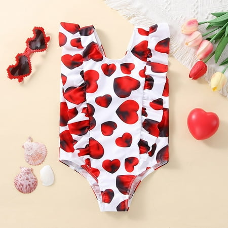 

nsendm Summer Toddler Girls Ruffles Love Prints 1 Piece Swimwear Beach Onesie Swimsuit Bikini Girls Racing Swimsuits Size 8 Swimwear Red 3 Years