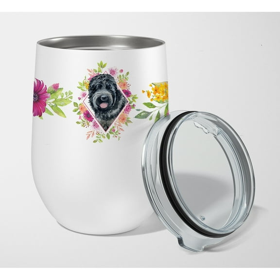 Carolines Treasures CK4176TBL12 Russian Black Terrier Pink Flowers Stainless Steel 12 oz Stemless Wine Glass 12 oz