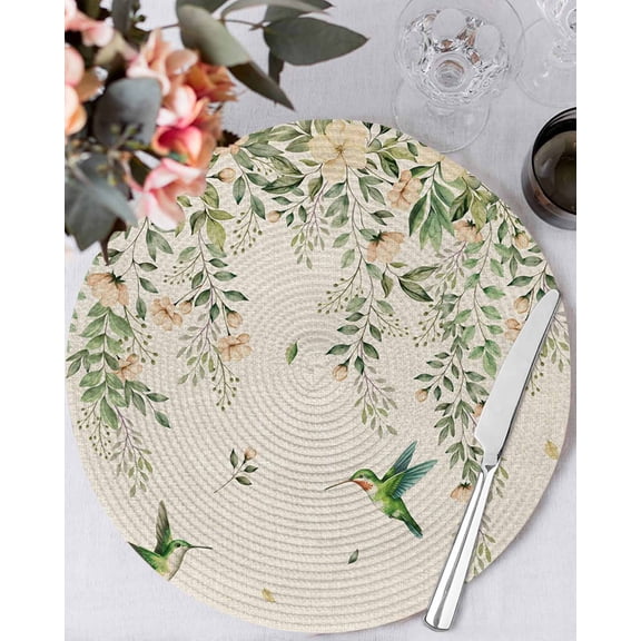 15 Inch Round Placemats Set of 4, Watercolor Floral Non Slip Heat Insulation PP Table Mats, Spring Flowers Birds Plants Country Beige Washable Place Mats for Kitchen Dining Party Table Decor