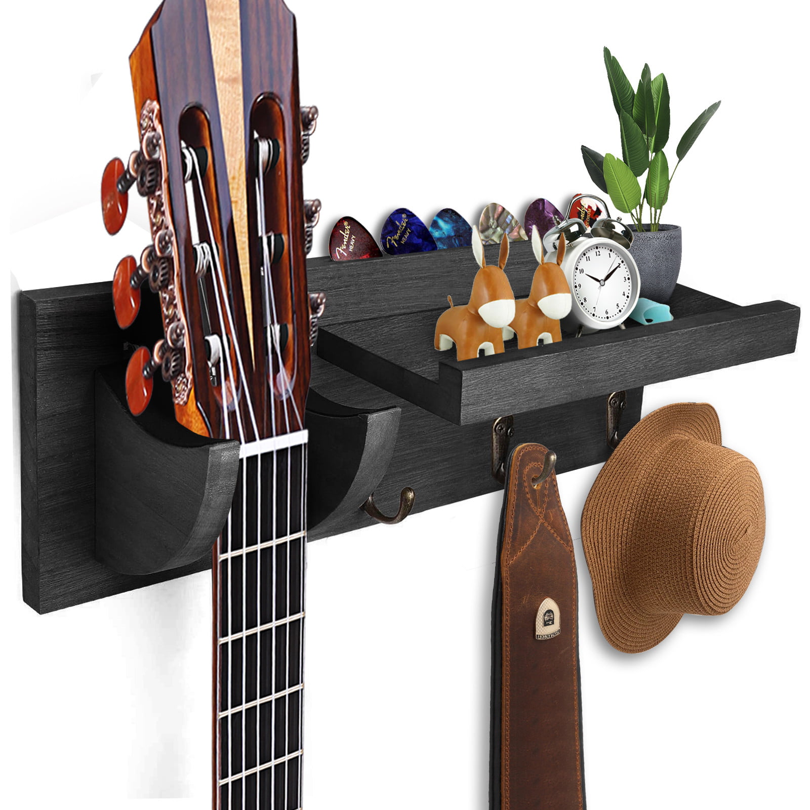Black CABINAHOME Guitar Wall Holder stands hangers for Acoustic and Electric Guitar wood Hanging Rack with Pick Holder and 3 Hook