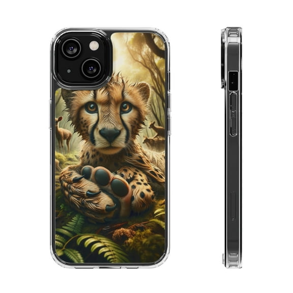 DistinctInk Hybrid (Acrylic / TPU) Clear Slim Fit Case for Apple iPhone 12 (6.1" Screen) - "Whimsical Cheetah: An Enchanting Encounter in the Forest"