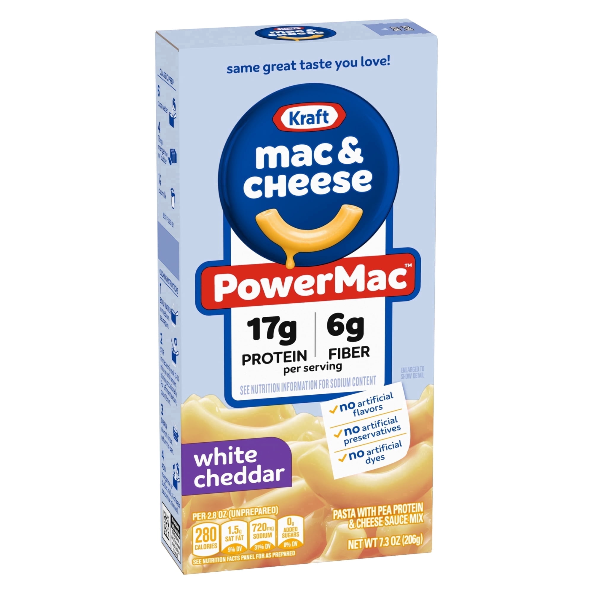 3 Pack Kraft PowerMac Mac and Cheese, 1 Box, for Protein Easy Dinners or Dinner Sides, White Cheddar Flavor, 17g Protein and 6g Fiber per Serving, No Artificial Flavors, Preservatives or Dyes, 7.3 oz