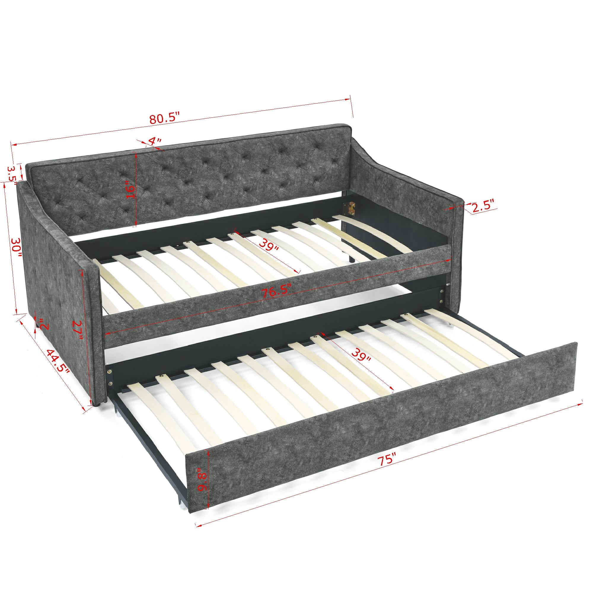 Aukfa Twin Daybed with Trundle, Upholstered Daybed with Tufted Back - Gray