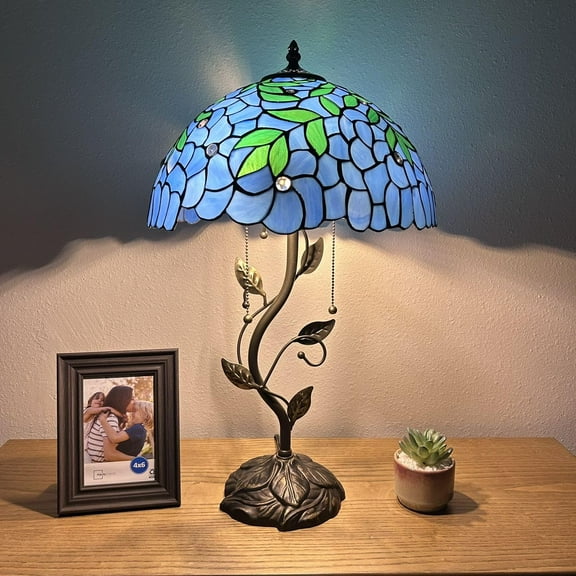 Tiffany Table Lamp Blue Stained Glass Green Leaves Iron Metal Leaves Bronze Base Included LED Bulbs for Living Room Dining Room Bedroom Bedside 14"W*14"D*24"H