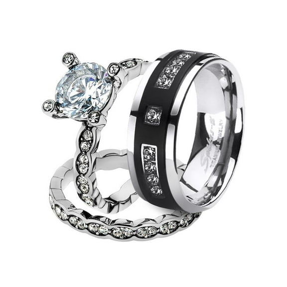 His and Her Stainless Steel 2.25 Ct Cz Bridal Set and Men's Titanium Wedding Band Women's Size 10 Men's Size 10