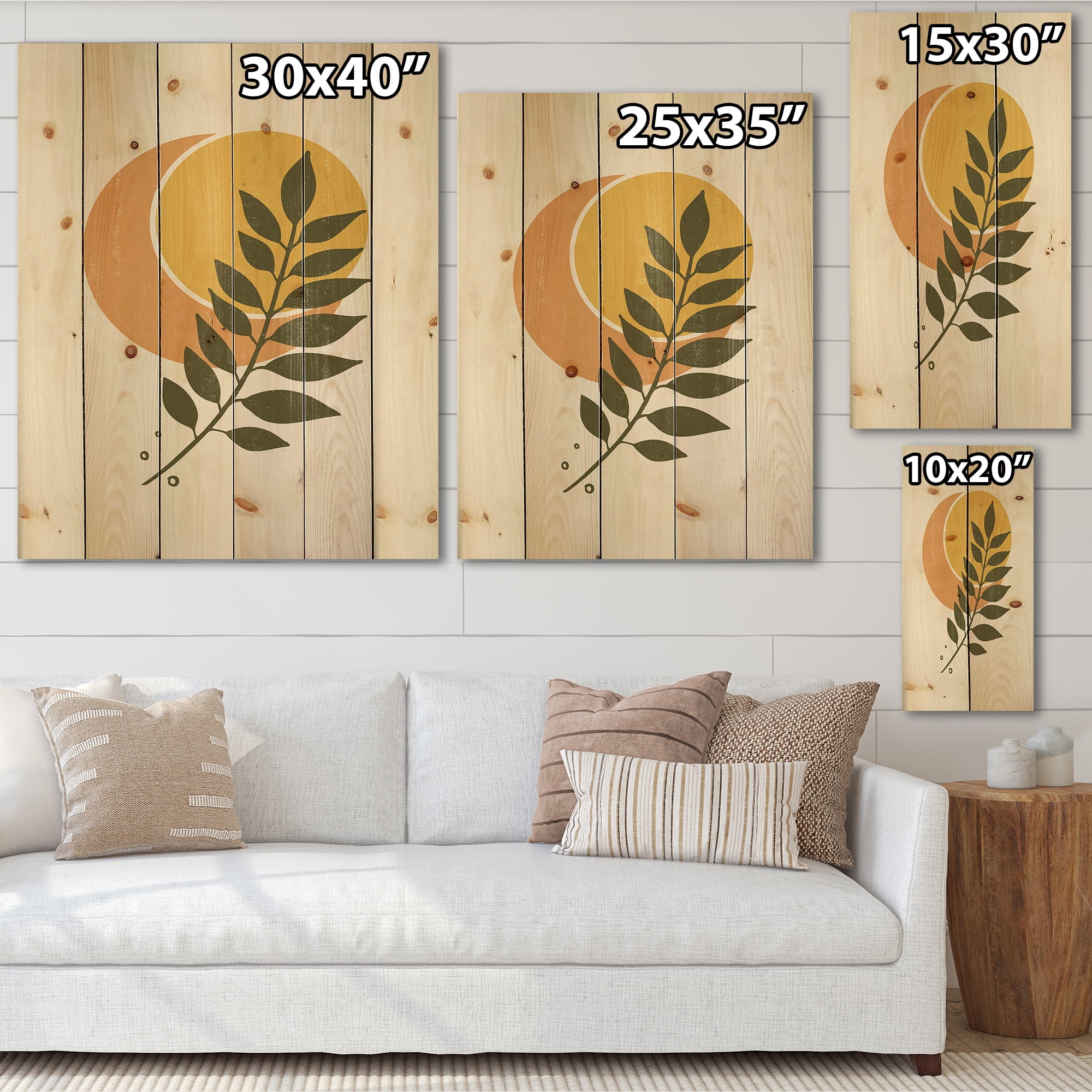 Designart 'Abstract Geometrical Moon and Sun With Leaf V' Modern Print on Natural Pine Wood