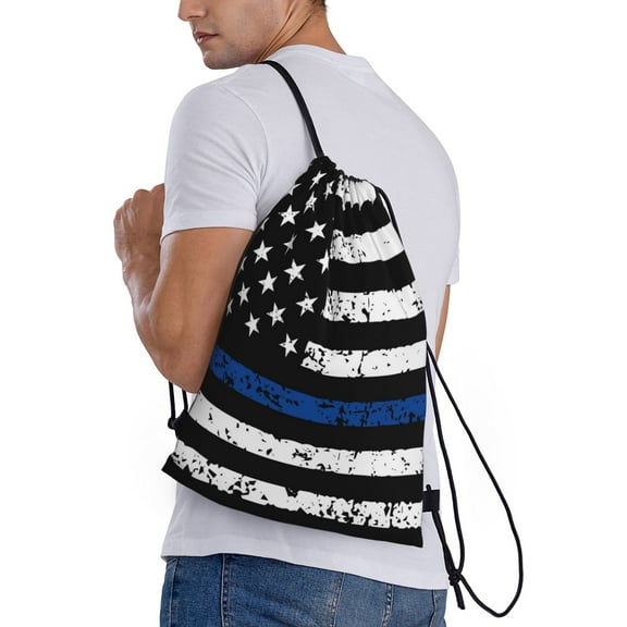 Ratiio Thin Blue Line Flag Print Drawstring Backpack Bag Sport Gym Sackpack Heavy Duty String Backpack for Men Women