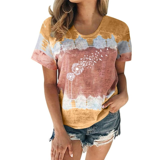 Hauts pour Femmes Décontractés Été Manches Courtes Tunique Ample T-Shirts Chic Henley Col Rond Mode Imprimé Blouses Basiques