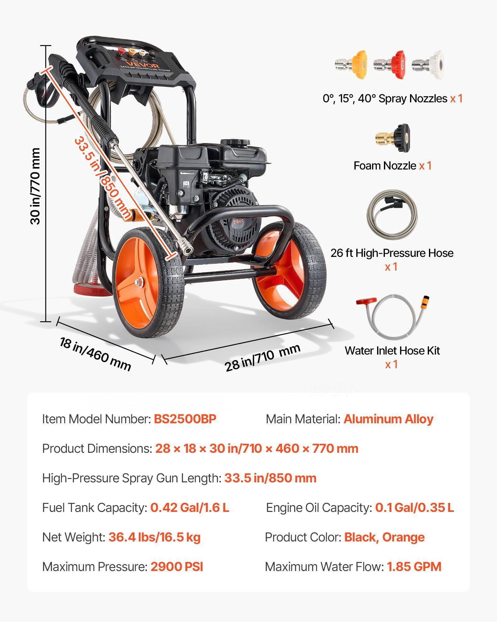Upgraded Gas Pressure Washer 2900 PSI 1.85 GPM with Aluminum Pump Spray Gun Wand 4 Nozzles for Cars Fences Driveways Patios Homes