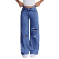 thumbnail image 2 of Women's Ripped Denim Jeans, High Waist Wide Leg Mom Jeans with Zipper Fly, Loose Fit Distressed Streetwear Pants for Casual Wear and Daily Fashion Outfits Dark Blue M, 2 of 4