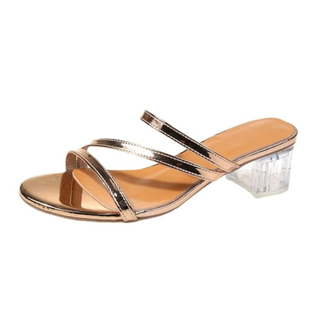 

Cathalem Women Sandals Summer New Pattern Fashion Pure Color Simple Transparent Square Heel Casual Slip On Beach Sandals Gold 41