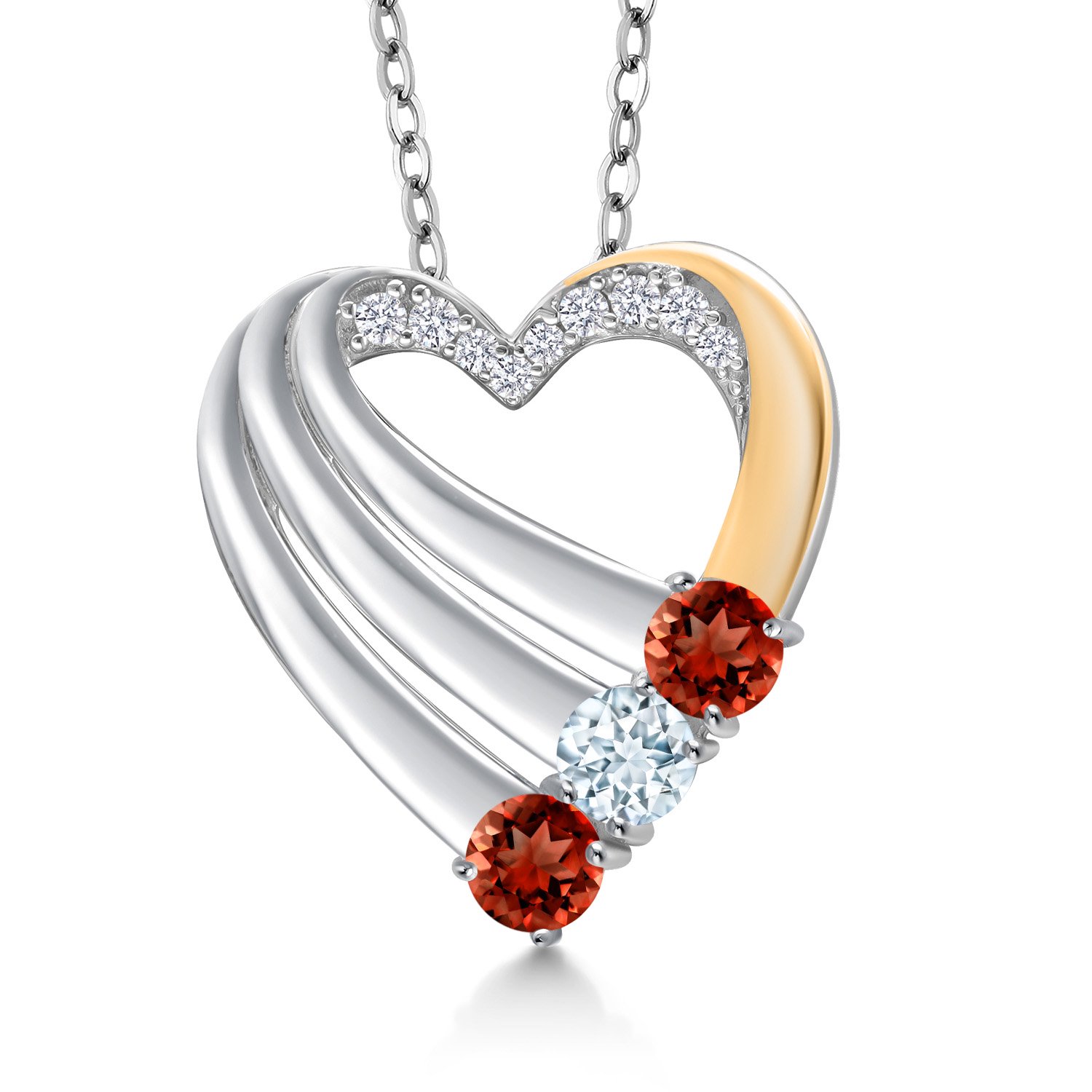 Gem Stone King 925 Silver and 10K Yellow Gold Red Garnet and Sky Blue Aquamarine and White Lab Grown Diamond Heart Pendant for Women | 1.09 Cttw | Gemstone January Birthstone | With 18 inch Chain