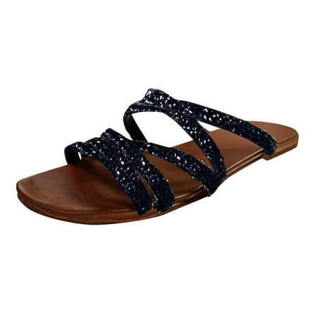 

LoyisViDion Womens Slippers Deals Plus Size Clearance Sandals Flip Flops Beach Slippers Summer Rhinestones Flat Shoes Black