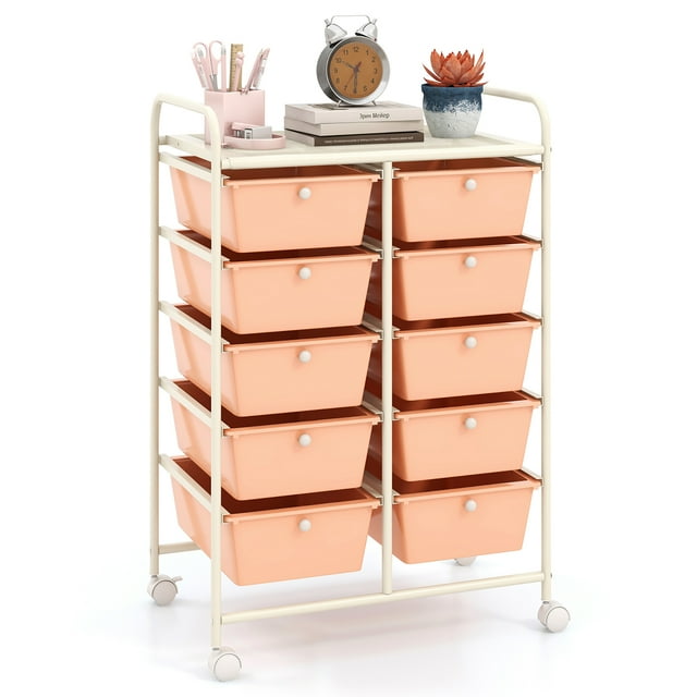 Gymax 10-Drawer Storage Cart Utility Rolling Trolley Kitchen Organizer Skin Pink