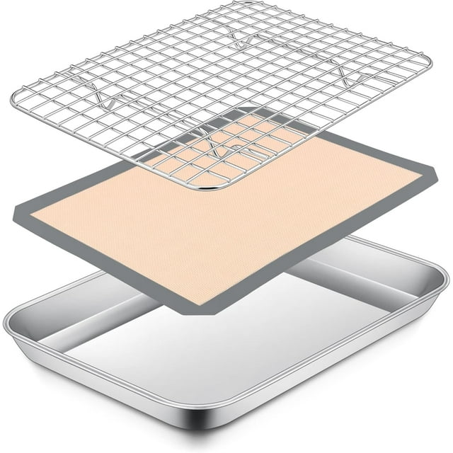 Shiyou Plateau de Four Grille-Pain 10.4 Pouces avec Grille de Cuisson et Ensemble de Tapis en Silicone, Mini Four Grille-Pain en Acier Inoxydable avec Grille de Refroidissement, 3 Pcs (1 Grille + 1 Tapis), Lavable au Lave-Vaisselle