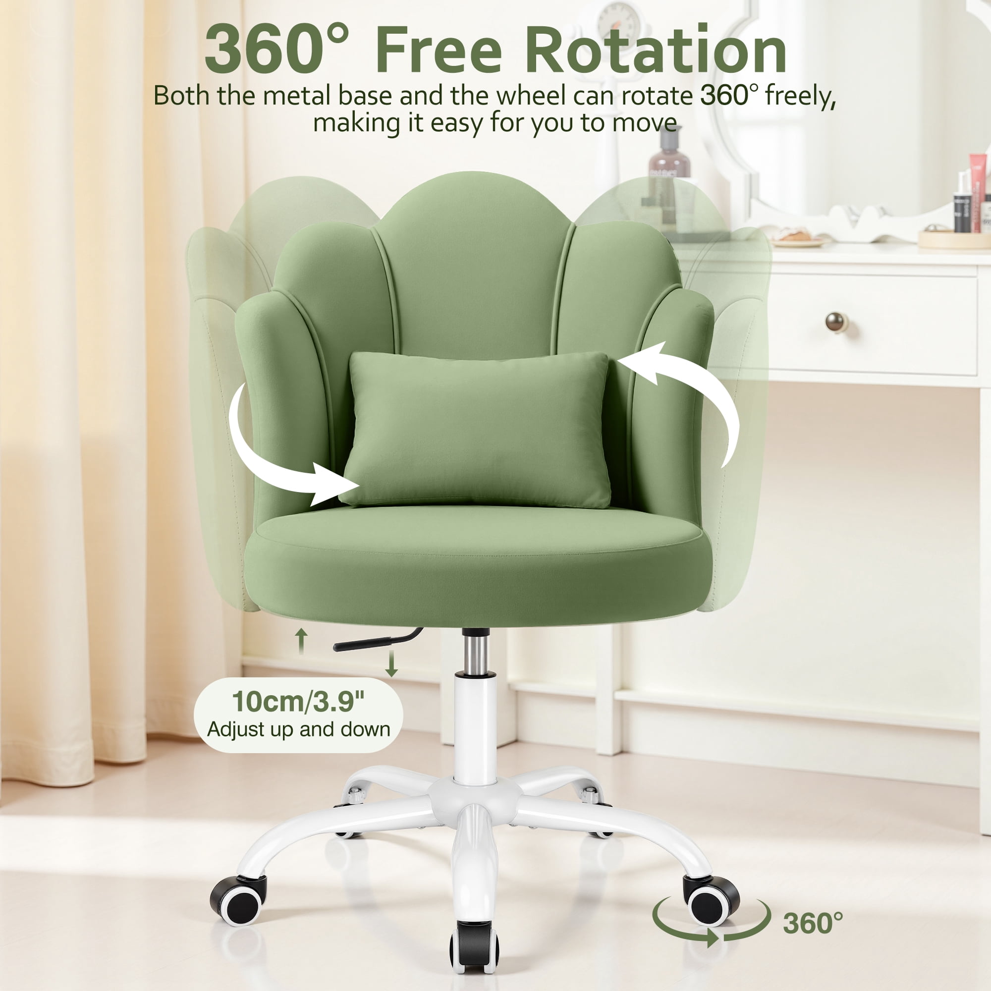 COOLHUT Vanity Chair, Velvet Petal Vanity Makeup Chair with Lumber Support, Home Office Desk Chair with Wheels, Height Adjustable Computer Work Chair for Bedroom, Living Room, Green