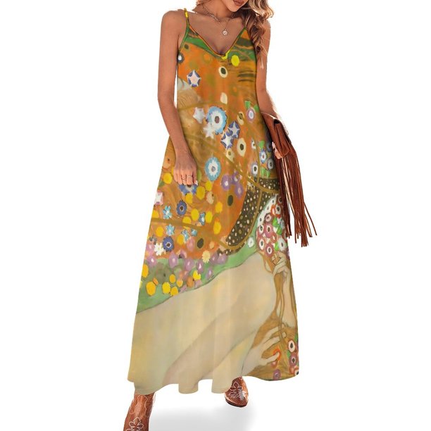 Vestido largo elegante estilo granja jardín Gustav Klimt con escote en V, estilo bohemio, con tirantes, ropa de calle de gran tamaño