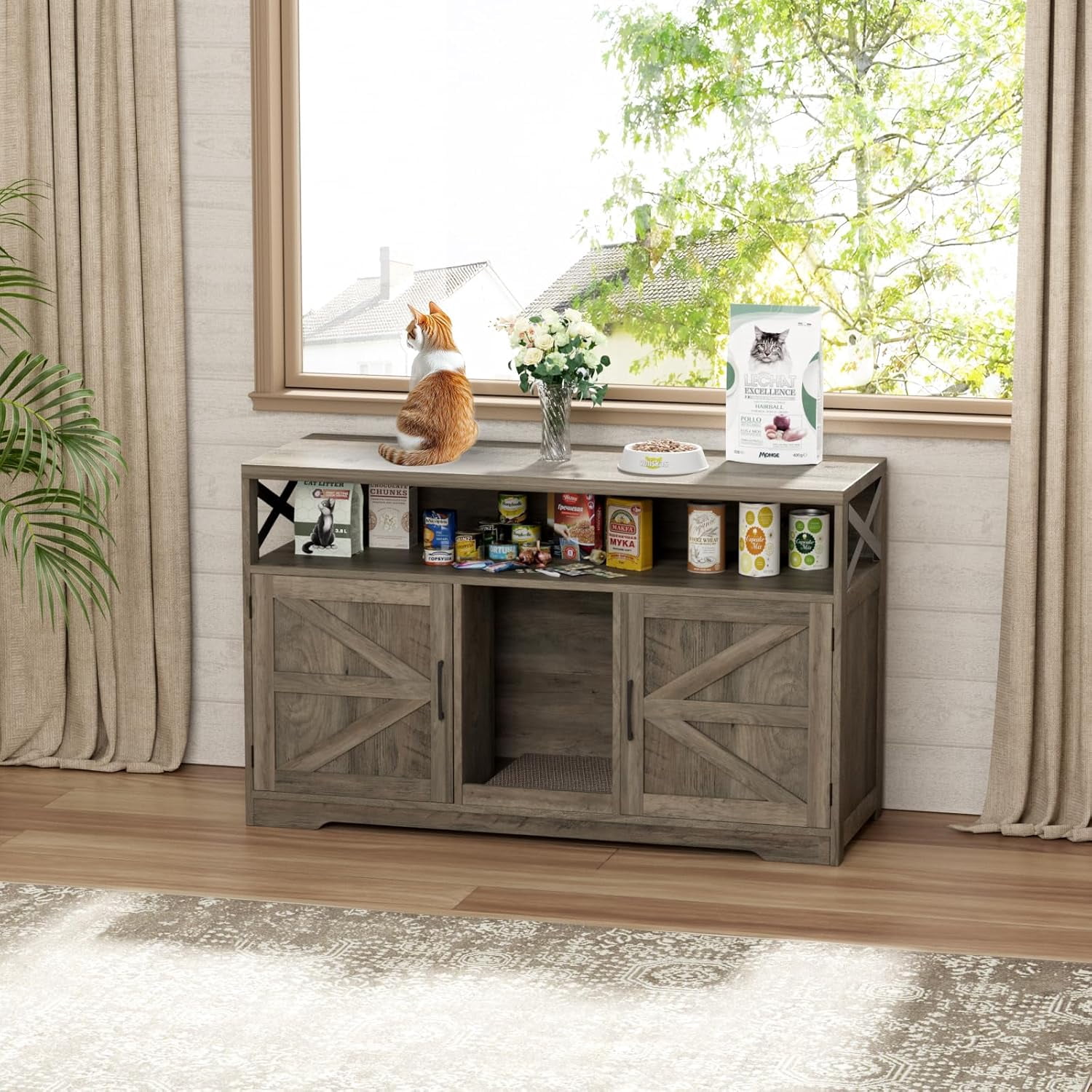 VEANERWOOD 47" Large Wood Cat Litter Box Enclosure, Hidden Cat House Washroom Furniture with Scratch Pad and Storage Shelf