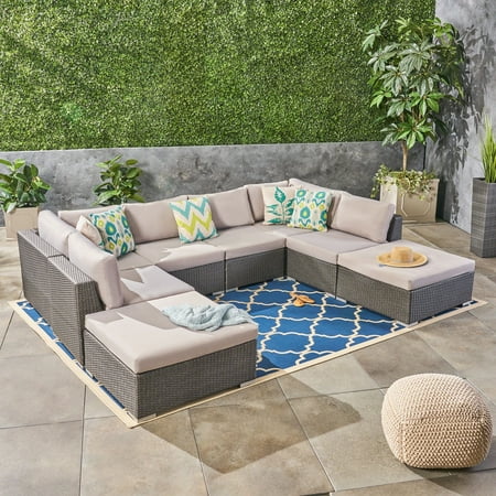 Ameer Outdoor 8 Piece Wicker Sectional Set With Cushions Grey Silver