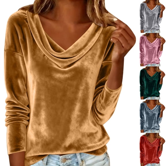 VKOYWKM Velvet Tops for Women Vintage Soft Cowl Neck Velour Shirts Long Sleeve Dressy Casual Tunic Shirt Office Work Clothes