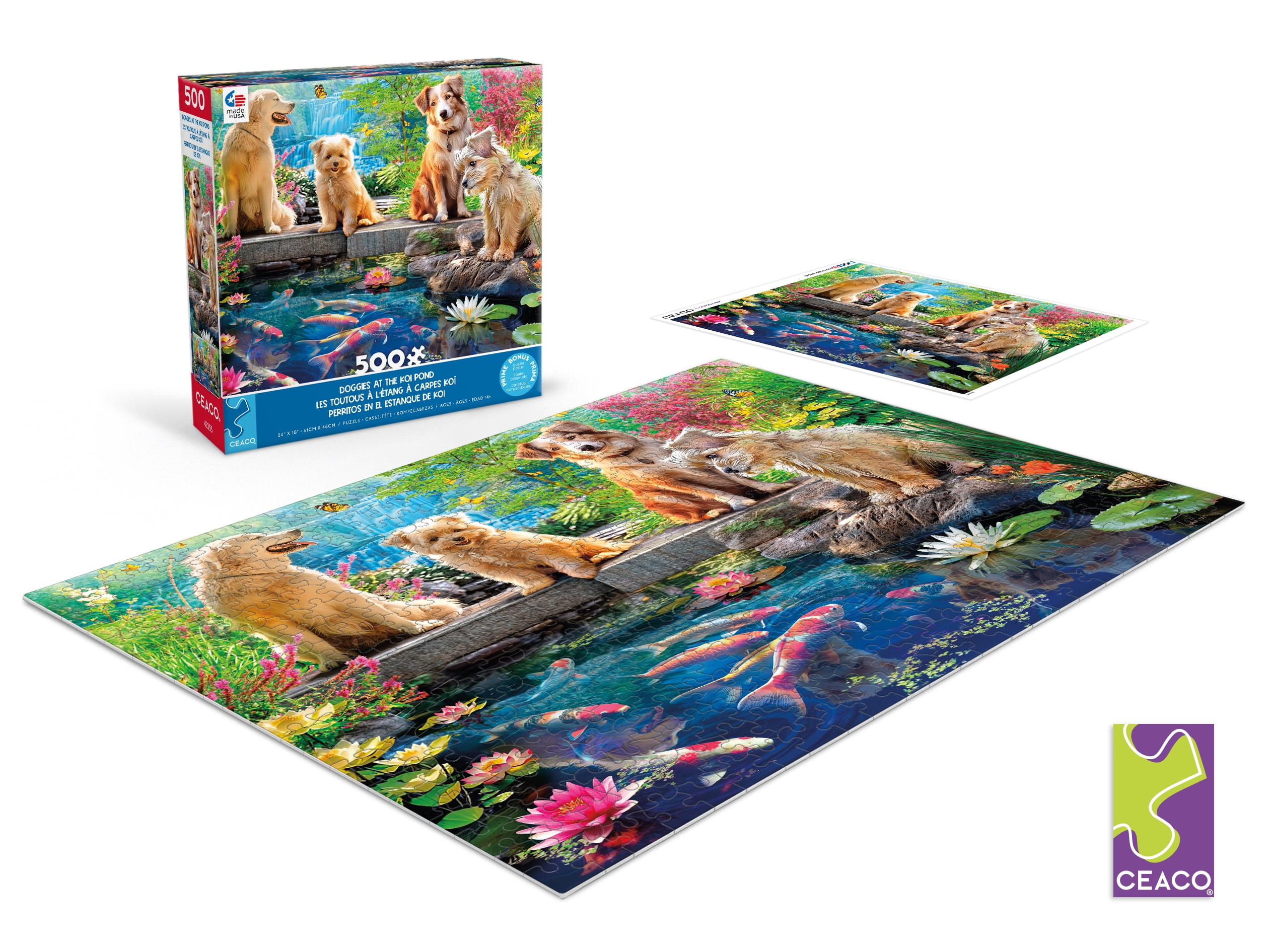 Ceaco 500 Piece Doggies at the Koi Pond (Angelo Bonito) Interlocking Jigsaw Puzzle