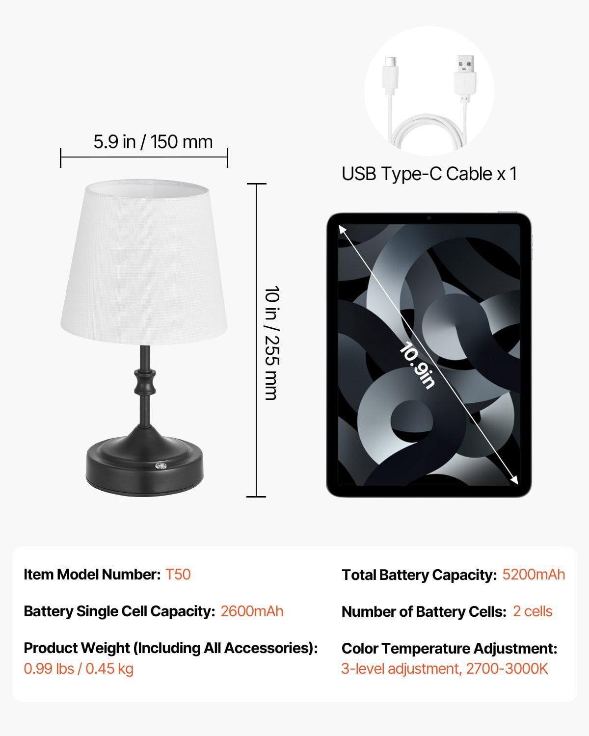 Black Cordless Table Lamp with Rechargeable Battery – Small Fabric Shade Desk Lamp for Bedroom & Office