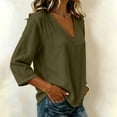 thumbnail image 4 of Womens Summer Casual Imitation Cotton And Linen Tunic Blouse 3/4 Sleeve V Neck Peasant Shirts Beach Vacation Tees | CSEONE,Army Green L, 4 of 5