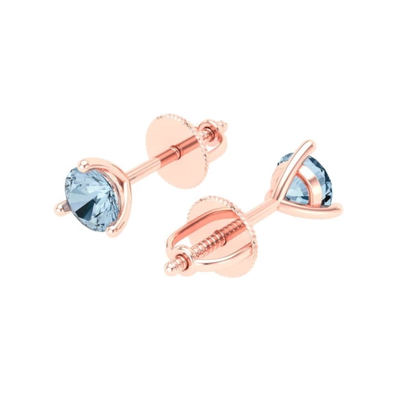 Rose Solid Solid Gold Solitaire Stud Everyday Dainty Earrings - 1 Ct Brilliant Round Cut Studs Blue Diamond 14K, Everyday Dainty Earrings Screw Back