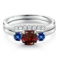 thumbnail image 3 of Gem Stone King 10K White Gold Red Garnet Blue Created Sapphire and Lab Grown Diamond 3 Stone Bridal Engagement Wedding Ring Set for Women (1.14 Cttw, 5MM and 3MM Cushion Cut, Size 7), 3 of 6