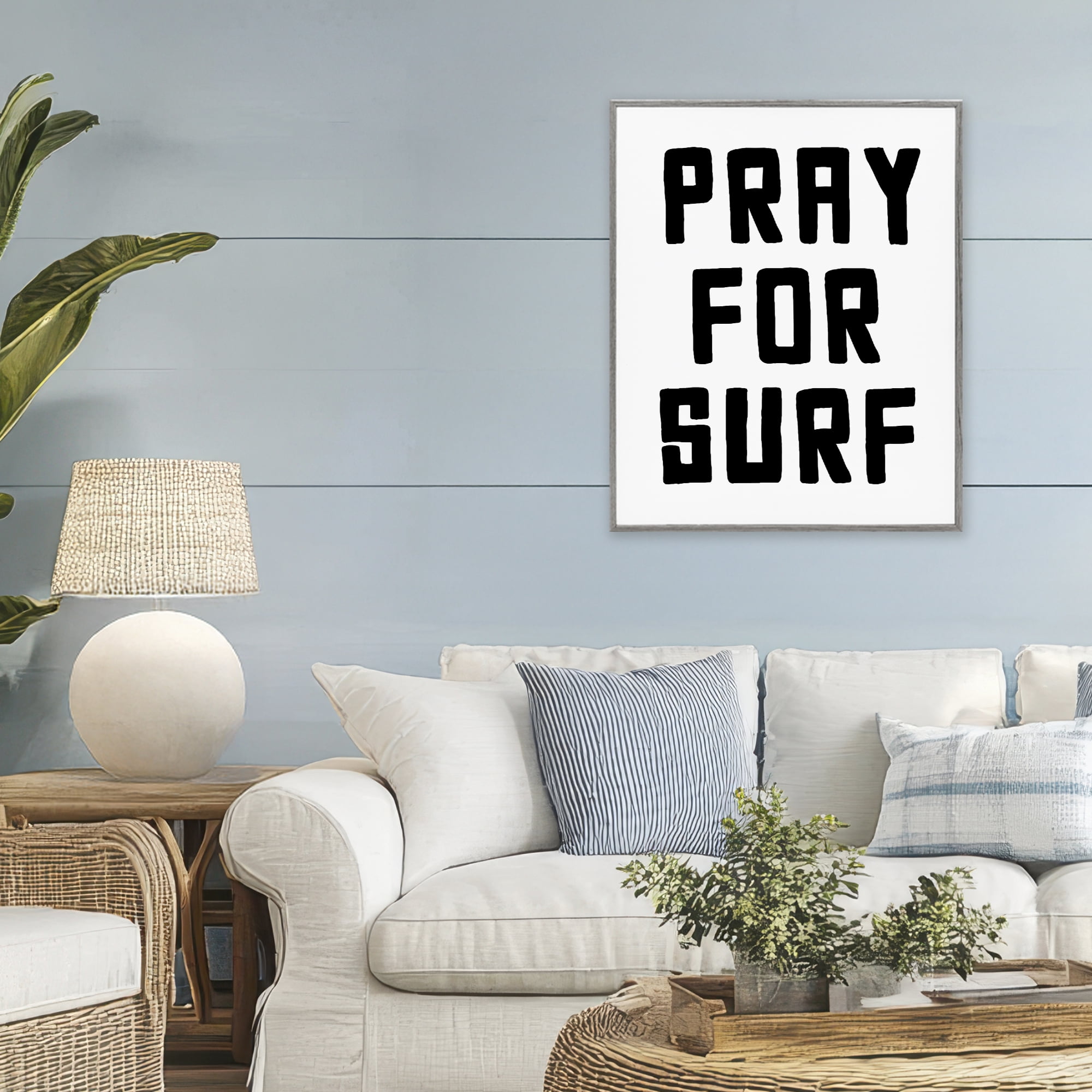 Pray For Surf Simple Sentiment Gray Framed Giclee Art, design by Lettered and Lined