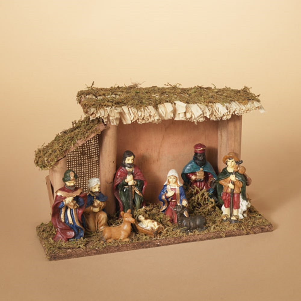 Resin Nativity Scene with Moss Stable and 8 Figurines New