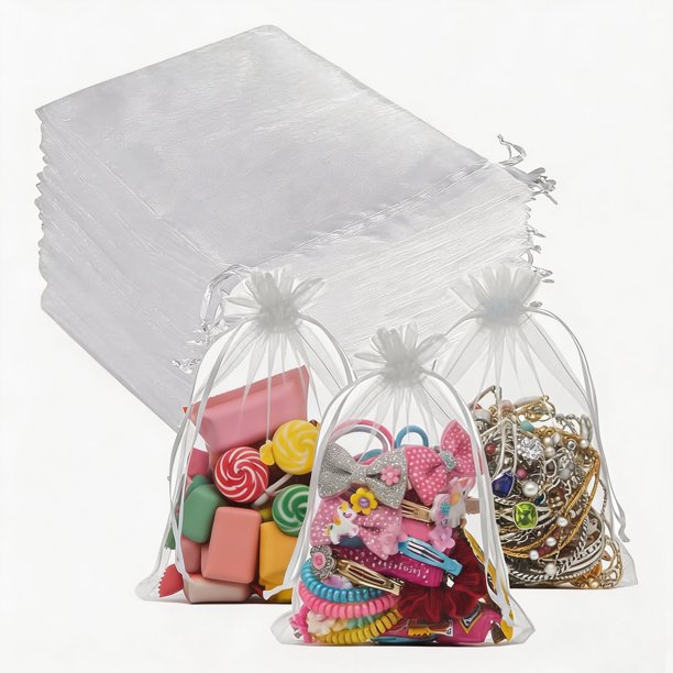 100pzs Bolsas de Organza, Bolsa de Regalo de Malla Blanca con Cordón, Bolsa de Recuerdo para Día de San Valentín, Aniversario, Boda, Cumpleaños, Día de la Madre, Navidad, Dulces, Joyas