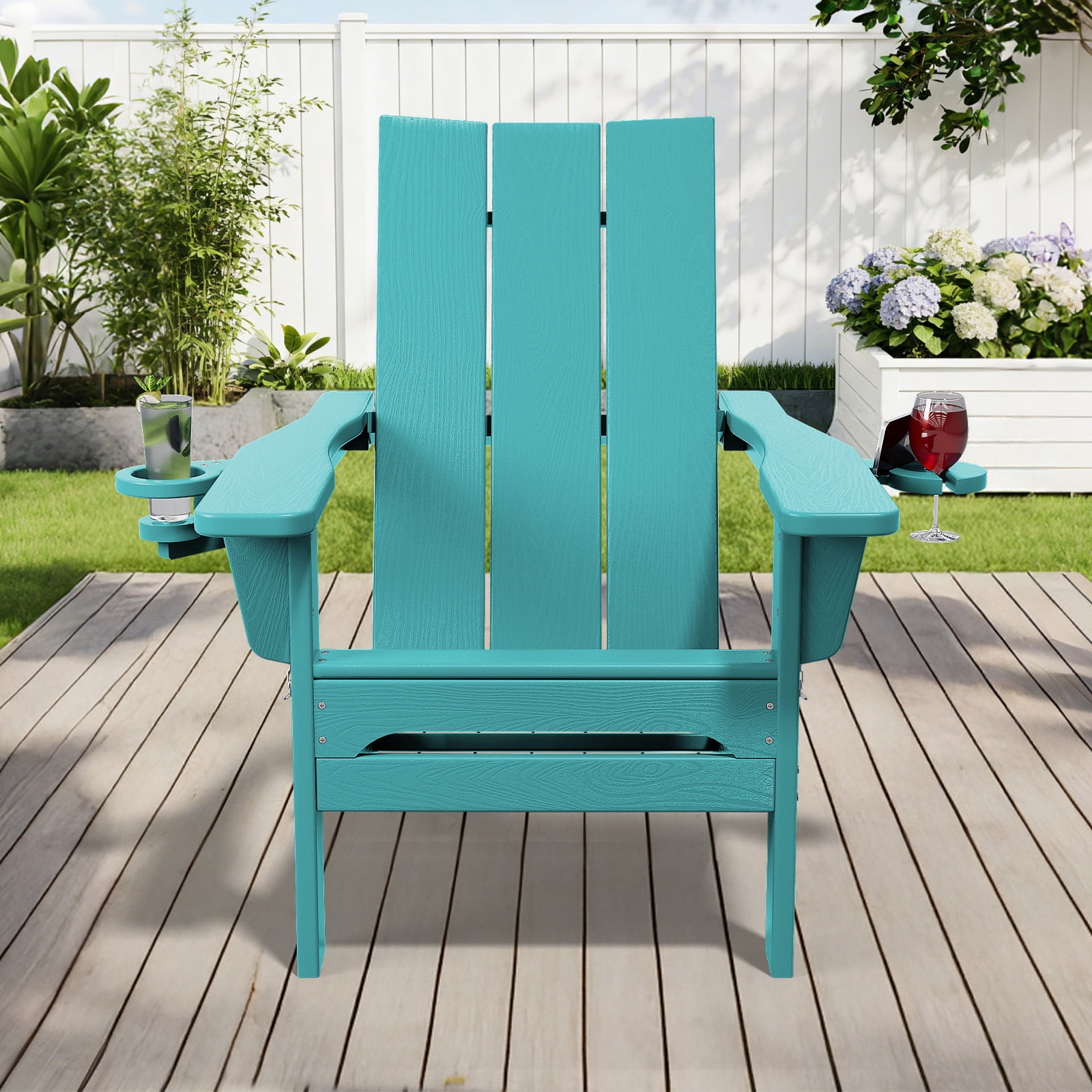 RIAFUN HDPE Foldable Adirondack Chair, Outdoor Patio Chair with 2 Cup Holders, Heavy Duty All-Weather Seating for Lawn,Porch,Deck,Backyard, Peacock Blue